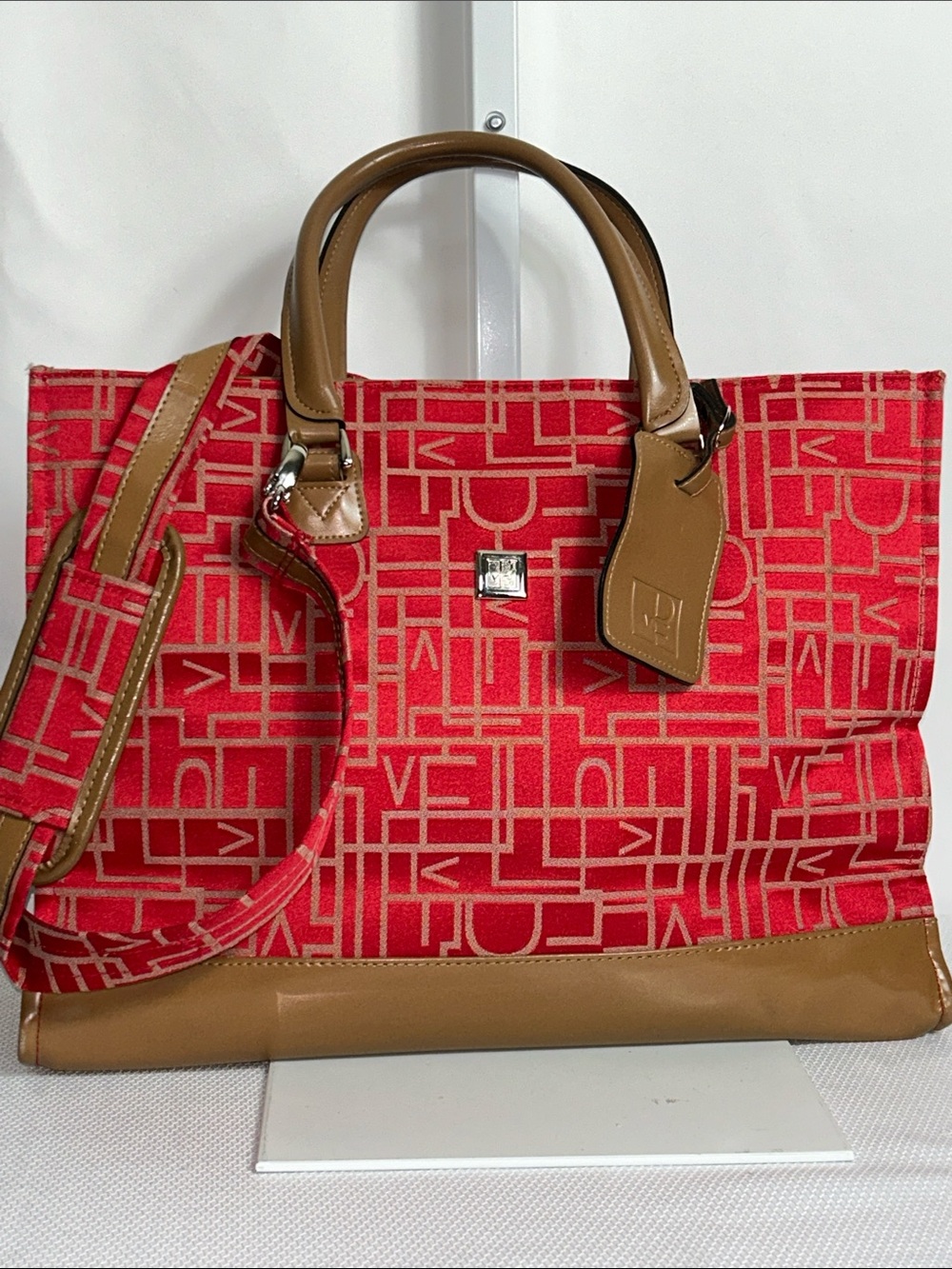 Diane Von Furstenberg XL canvas tote travel bag, logo pattern red beige colors